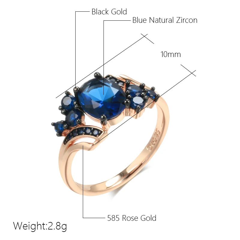 New Vintage Blue Zircon Cocktail Ring in 585 Rose Gold and Black Plating