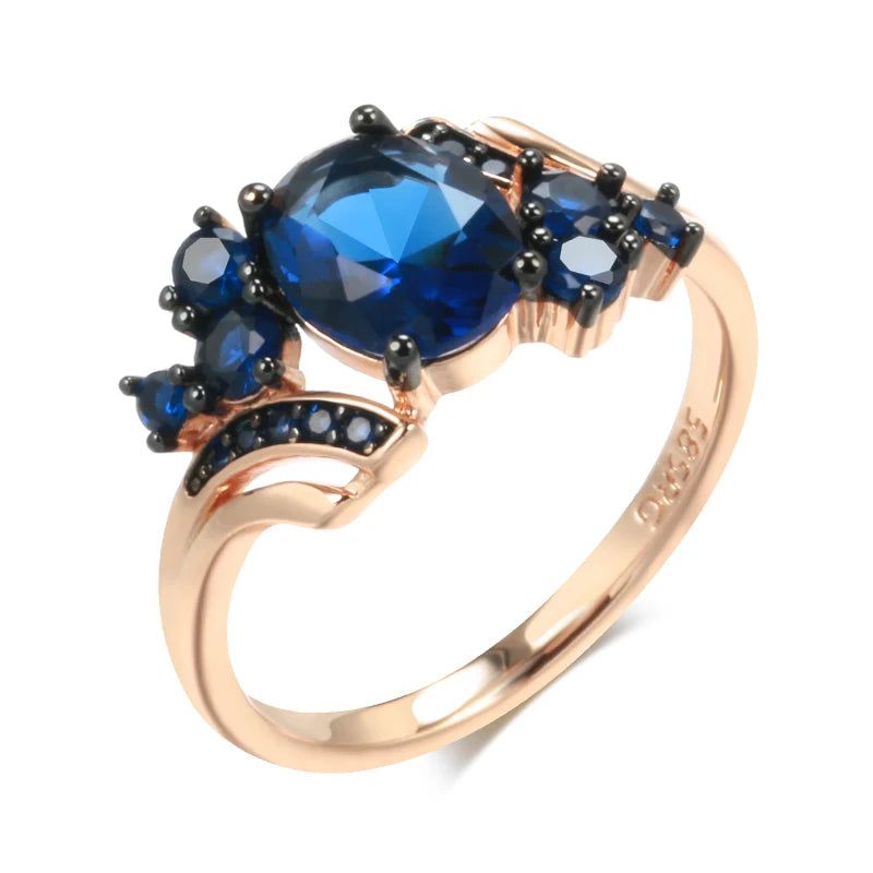 New Vintage Blue Zircon Cocktail Ring in 585 Rose Gold and Black Plating