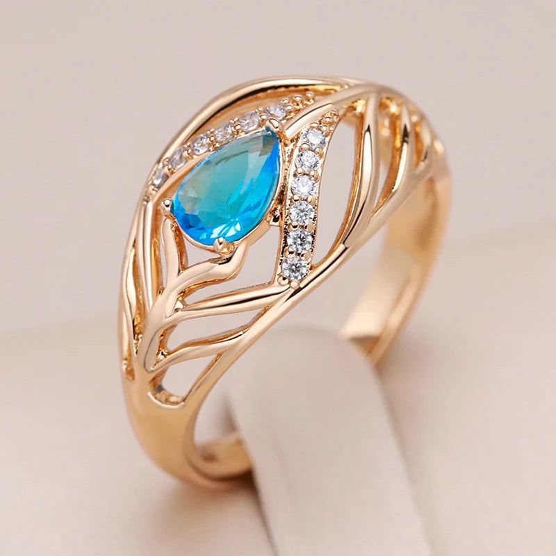 New Vintage Blue Zircon Leaf Ring in Rose Gold - Unique Cocktail Jewelry