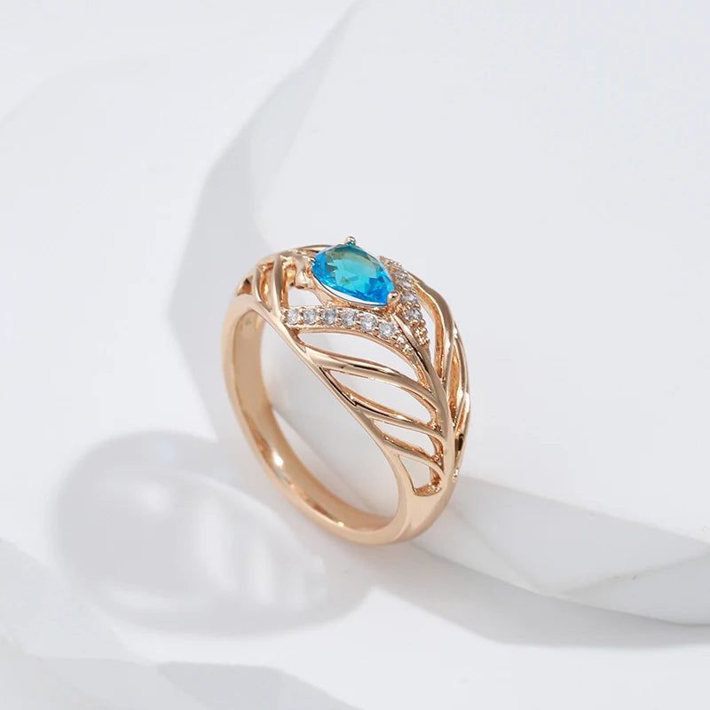 New Vintage Blue Zircon Leaf Ring in Rose Gold - Unique Cocktail Jewelry