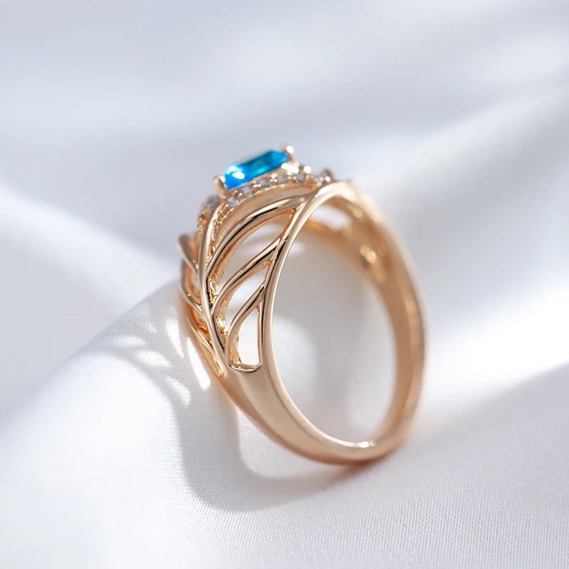 New Vintage Blue Zircon Leaf Ring in Rose Gold - Unique Cocktail Jewelry