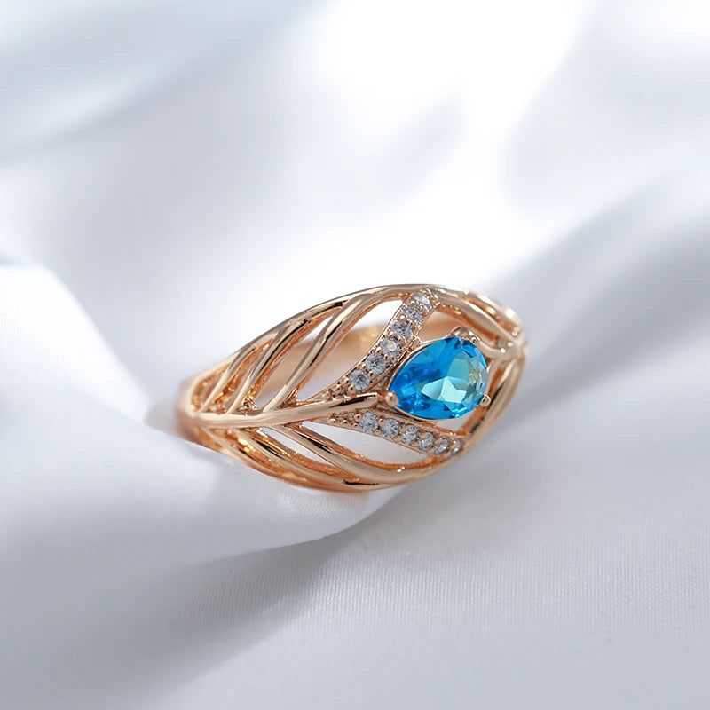 New Vintage Blue Zircon Leaf Ring in Rose Gold - Unique Cocktail Jewelry