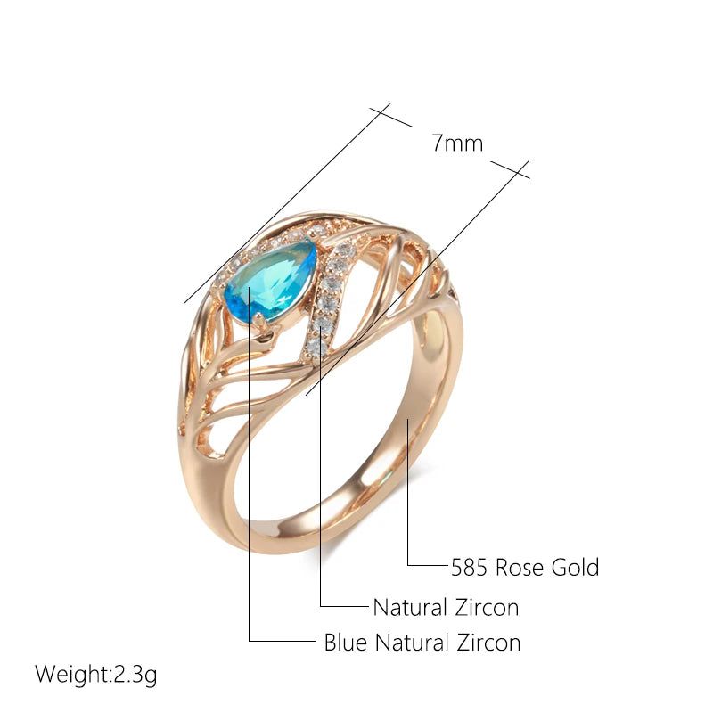 New Vintage Blue Zircon Leaf Ring in Rose Gold - Unique Cocktail Jewelry