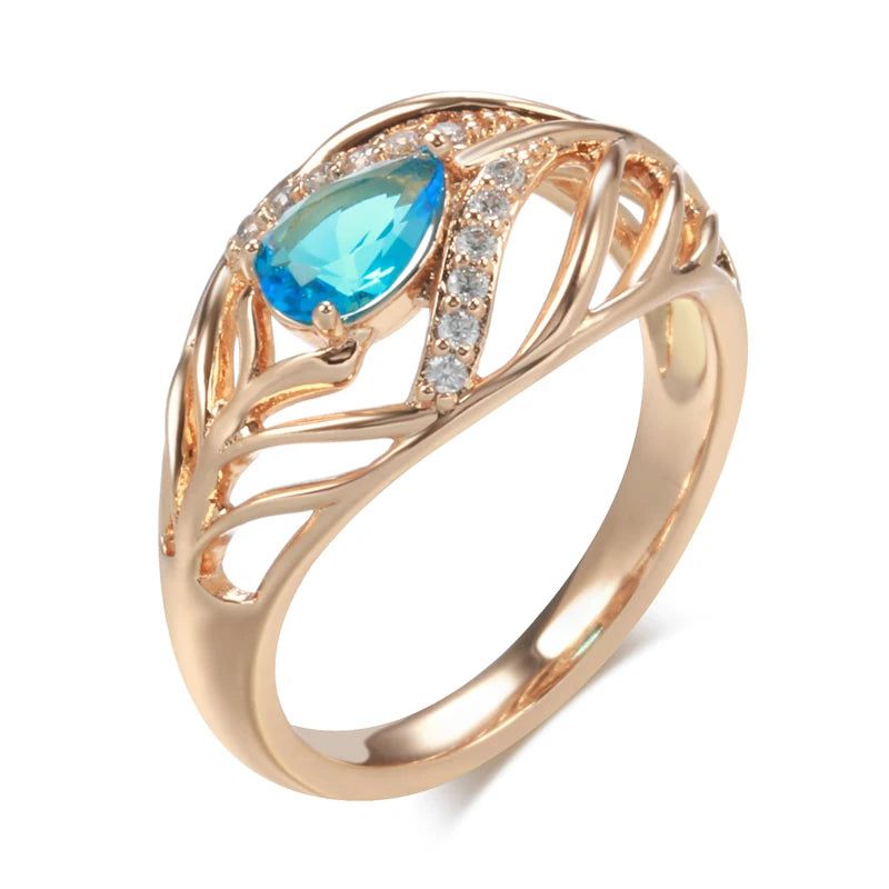 New Vintage Blue Zircon Leaf Ring in Rose Gold - Unique Cocktail Jewelry