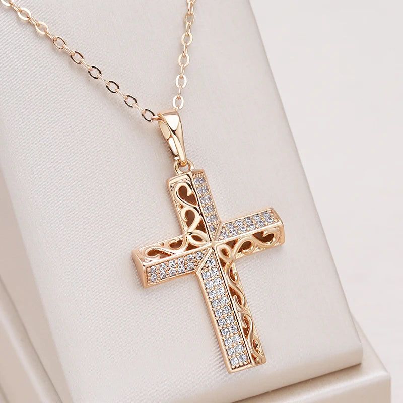 New Vintage Cross Necklace in 585 Rose Gold with Natural Zircon and Unique Micro Wax Inlay