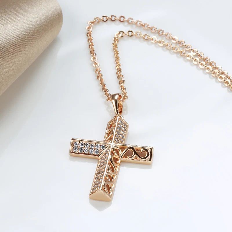 New Vintage Cross Necklace in 585 Rose Gold with Natural Zircon and Unique Micro Wax Inlay