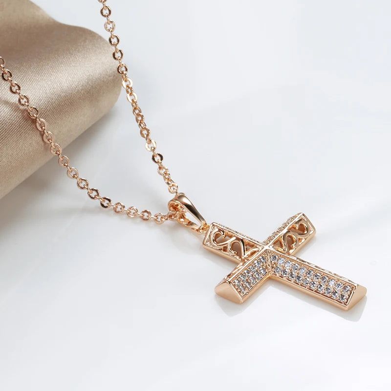 New Vintage Cross Necklace in 585 Rose Gold with Natural Zircon and Unique Micro Wax Inlay