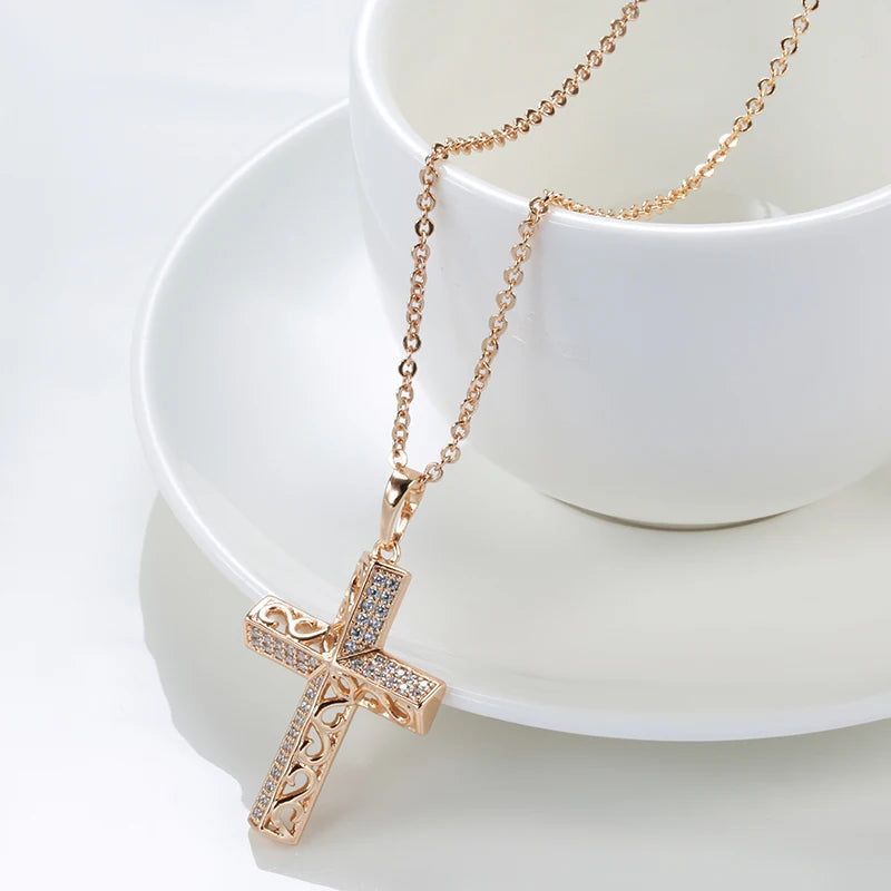 New Vintage Cross Necklace in 585 Rose Gold with Natural Zircon and Unique Micro Wax Inlay