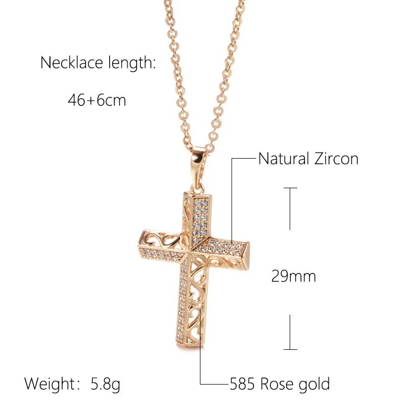 New Vintage Cross Necklace in 585 Rose Gold with Natural Zircon and Unique Micro Wax Inlay