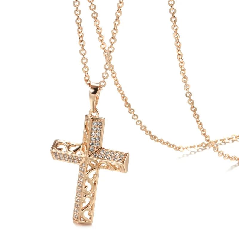 New Vintage Cross Necklace in 585 Rose Gold with Natural Zircon and Unique Micro Wax Inlay