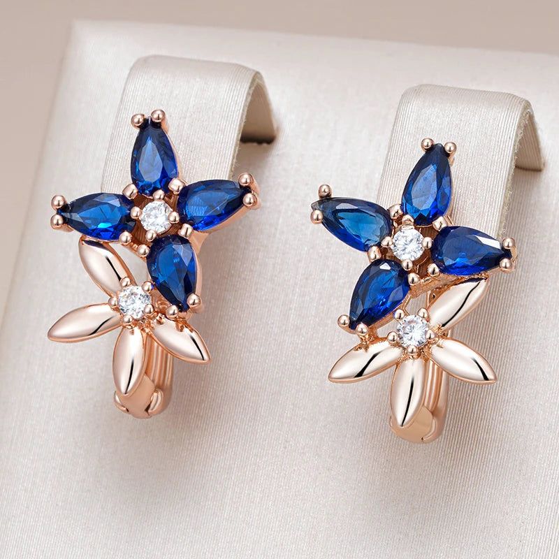 New Vintage Crystal Flower Drop Earrings in 585 Rose Gold with Blue Natural Zircon