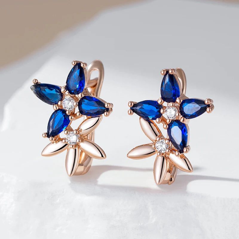 New Vintage Crystal Flower Drop Earrings in 585 Rose Gold with Blue Natural Zircon