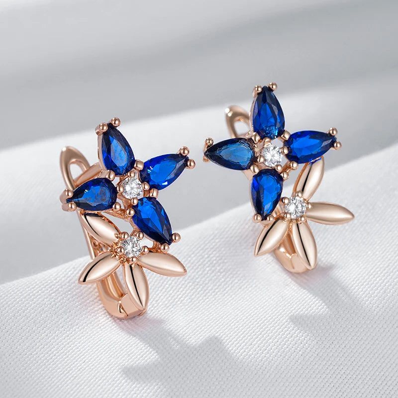 New Vintage Crystal Flower Drop Earrings in 585 Rose Gold with Blue Natural Zircon