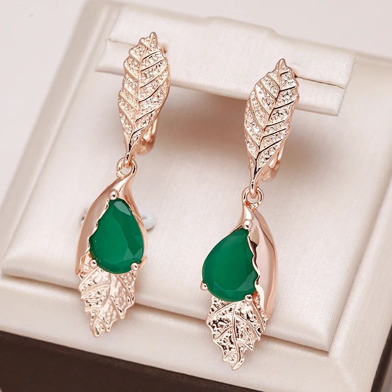 New Vintage Green Zircon Leaf Design Long Drop Earrings in 585 Rose Gold