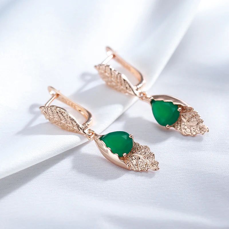 New Vintage Green Zircon Leaf Design Long Drop Earrings in 585 Rose Gold