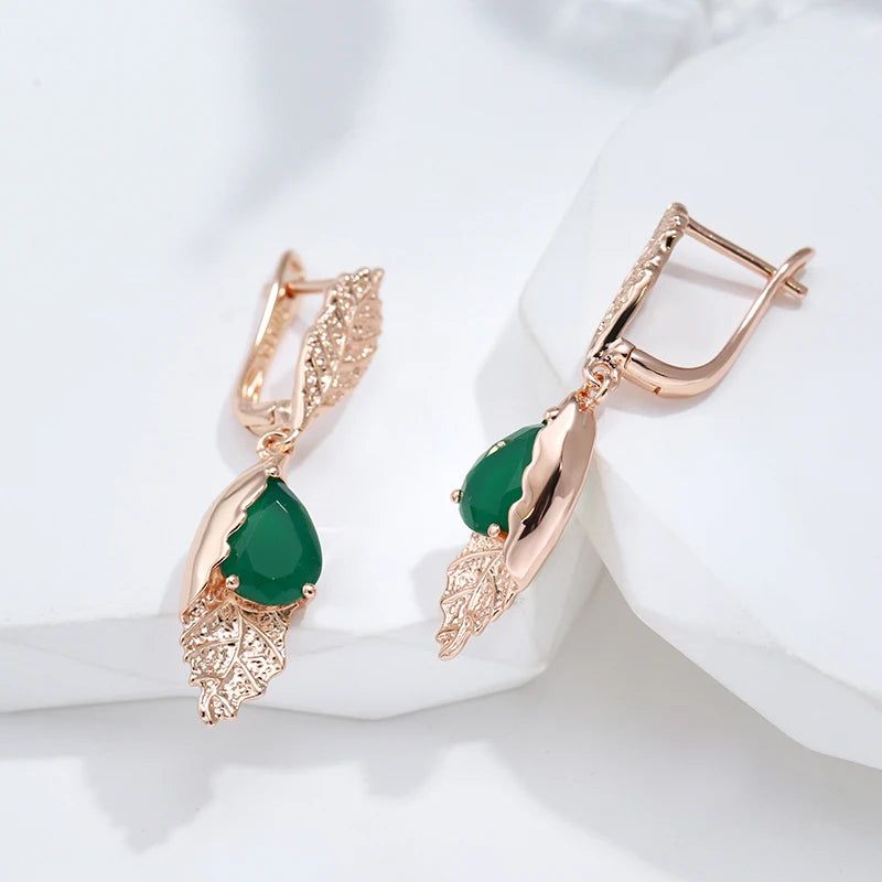 New Vintage Green Zircon Leaf Design Long Drop Earrings in 585 Rose Gold