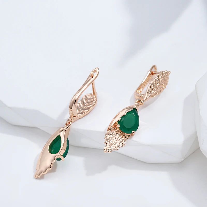 New Vintage Green Zircon Leaf Design Long Drop Earrings in 585 Rose Gold