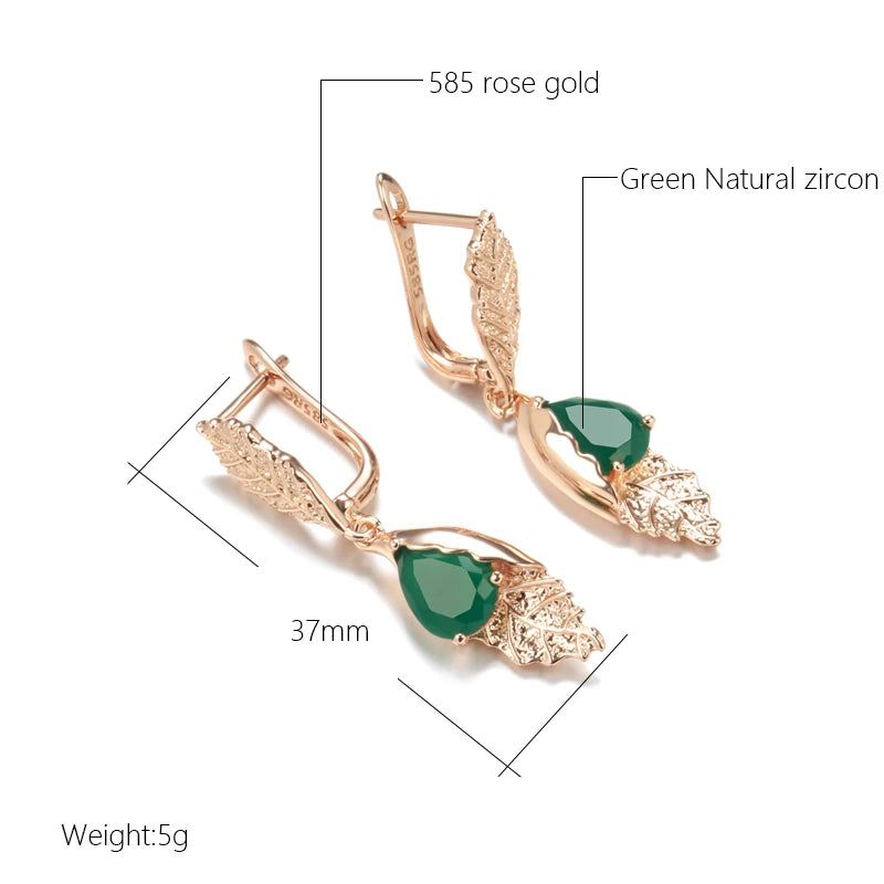 New Vintage Green Zircon Leaf Design Long Drop Earrings in 585 Rose Gold