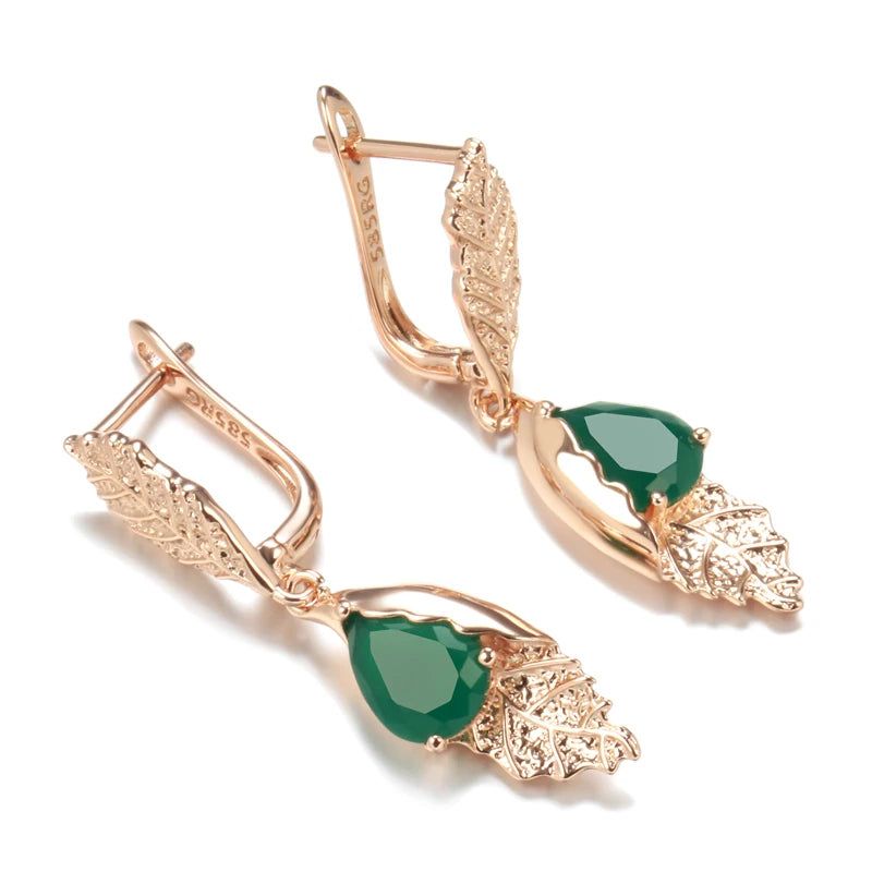 New Vintage Green Zircon Leaf Design Long Drop Earrings in 585 Rose Gold