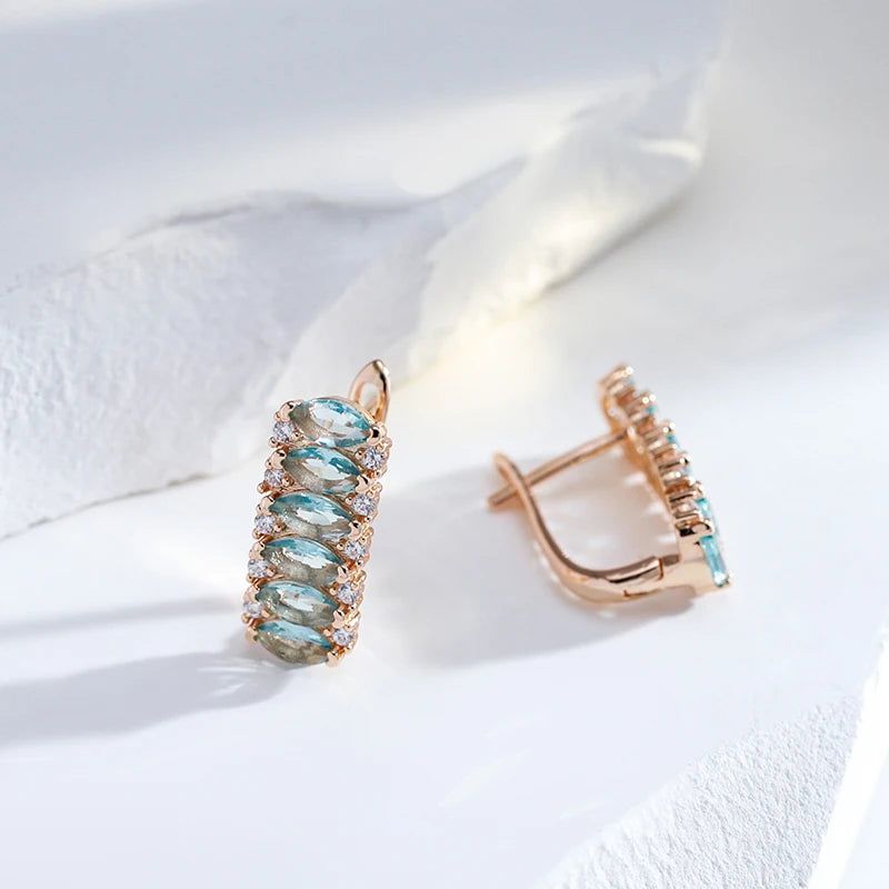 New Vintage Luxury Blue Zircon Geometric Drop Earrings in 585 Rose Gold