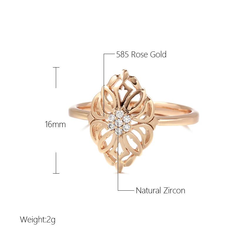 Noble Vintage 585 Rose Gold Hollow Pattern Ring with Natural Zircon