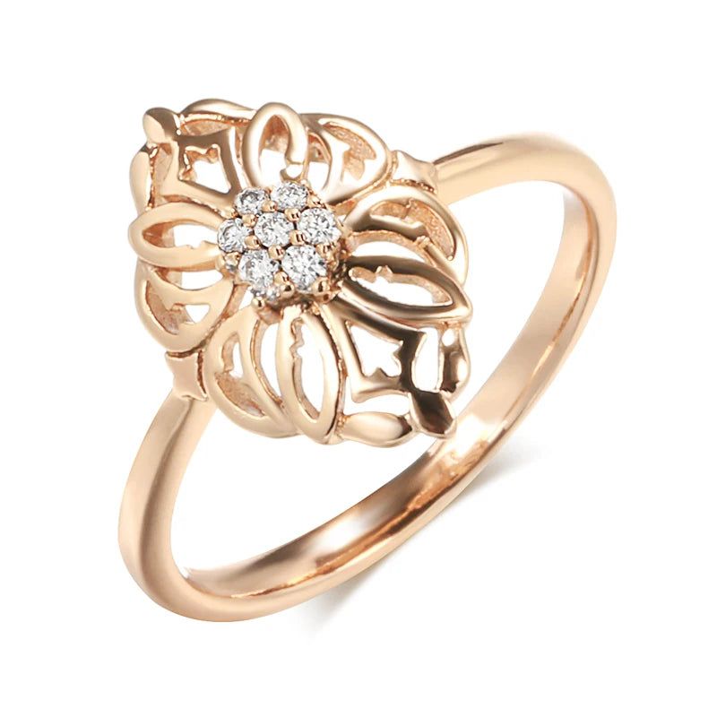 Noble Vintage 585 Rose Gold Hollow Pattern Ring with Natural Zircon