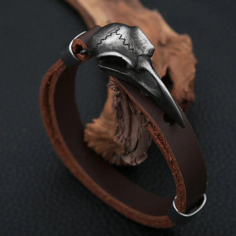 Nordic Crow Skull Men's Adjustable Punk Leather Bracelet - Vintage Stainless Steel Viking Jewelry Gift