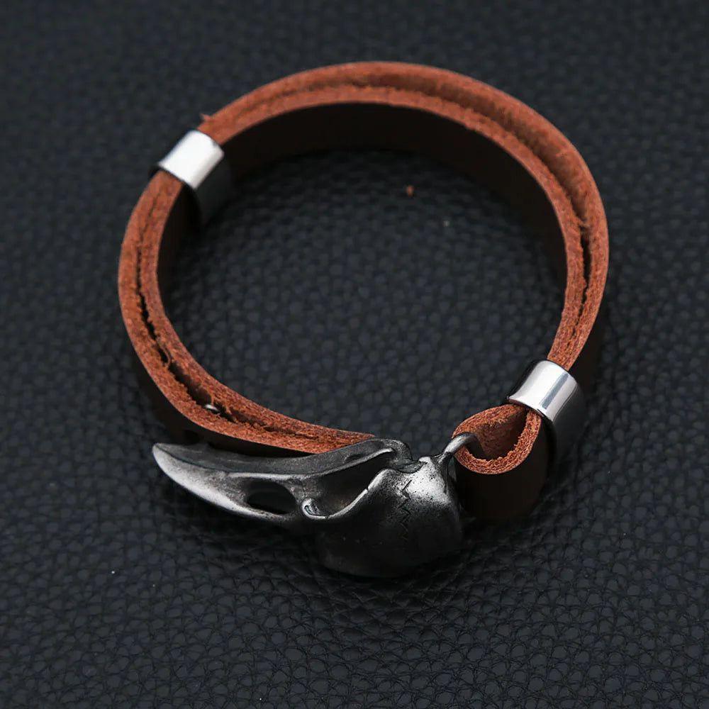 Nordic Crow Skull Men's Adjustable Punk Leather Bracelet - Vintage Stainless Steel Viking Jewelry Gift