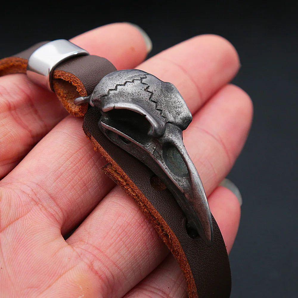 Nordic Crow Skull Men's Adjustable Punk Leather Bracelet - Vintage Stainless Steel Viking Jewelry Gift