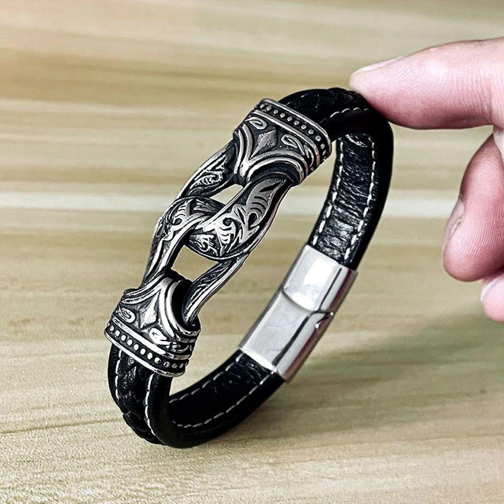 Nordic Odin-Inspired Men's Viking Bracelet in 316L Stainless Steel with Carved Leather Accents - Fashionable Gift for Bikers