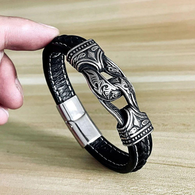 Nordic Odin-Inspired Men's Viking Bracelet in 316L Stainless Steel with Carved Leather Accents - Fashionable Gift for Bikers