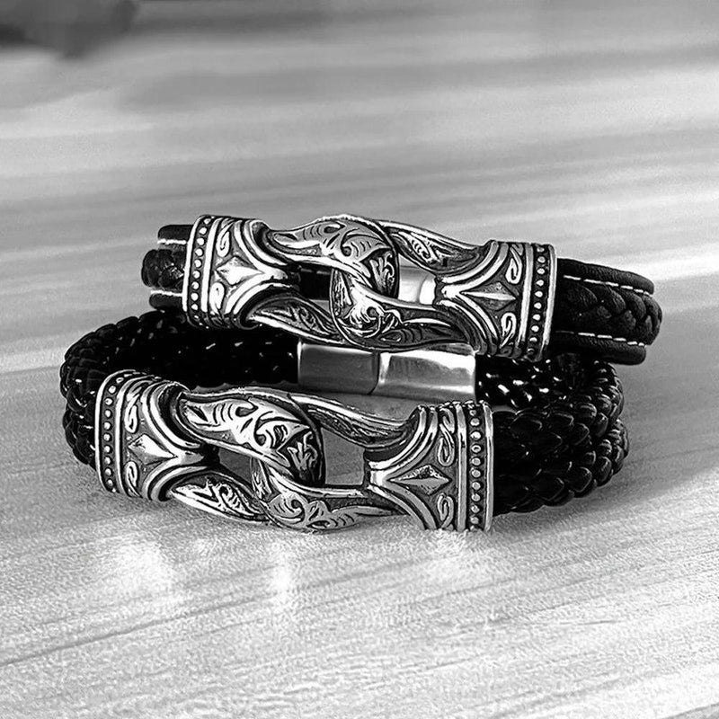 Nordic Odin-Inspired Men's Viking Bracelet in 316L Stainless Steel with Carved Leather Accents - Fashionable Gift for Bikers