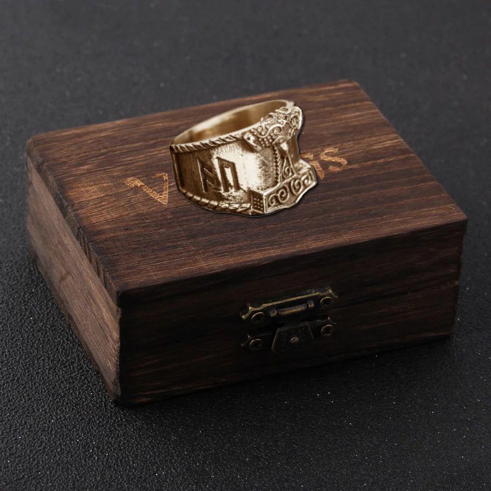 Nordic Stainless Steel Thor's Hammer Ring with Wooden Gift Box