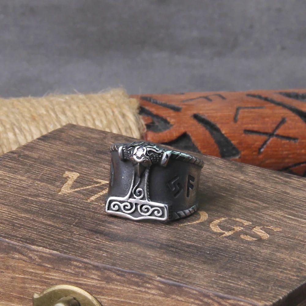 Nordic Stainless Steel Thor's Hammer Ring with Wooden Gift Box