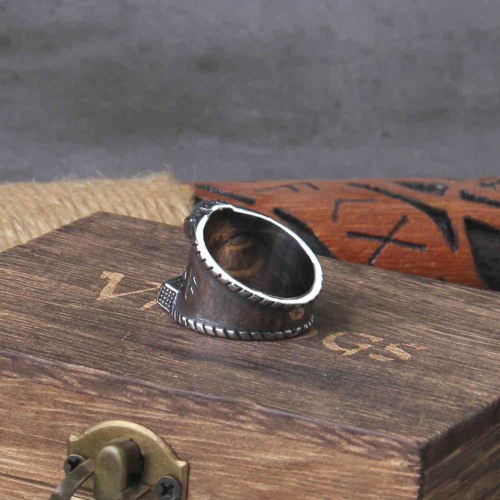 Nordic Stainless Steel Thor's Hammer Ring with Wooden Gift Box