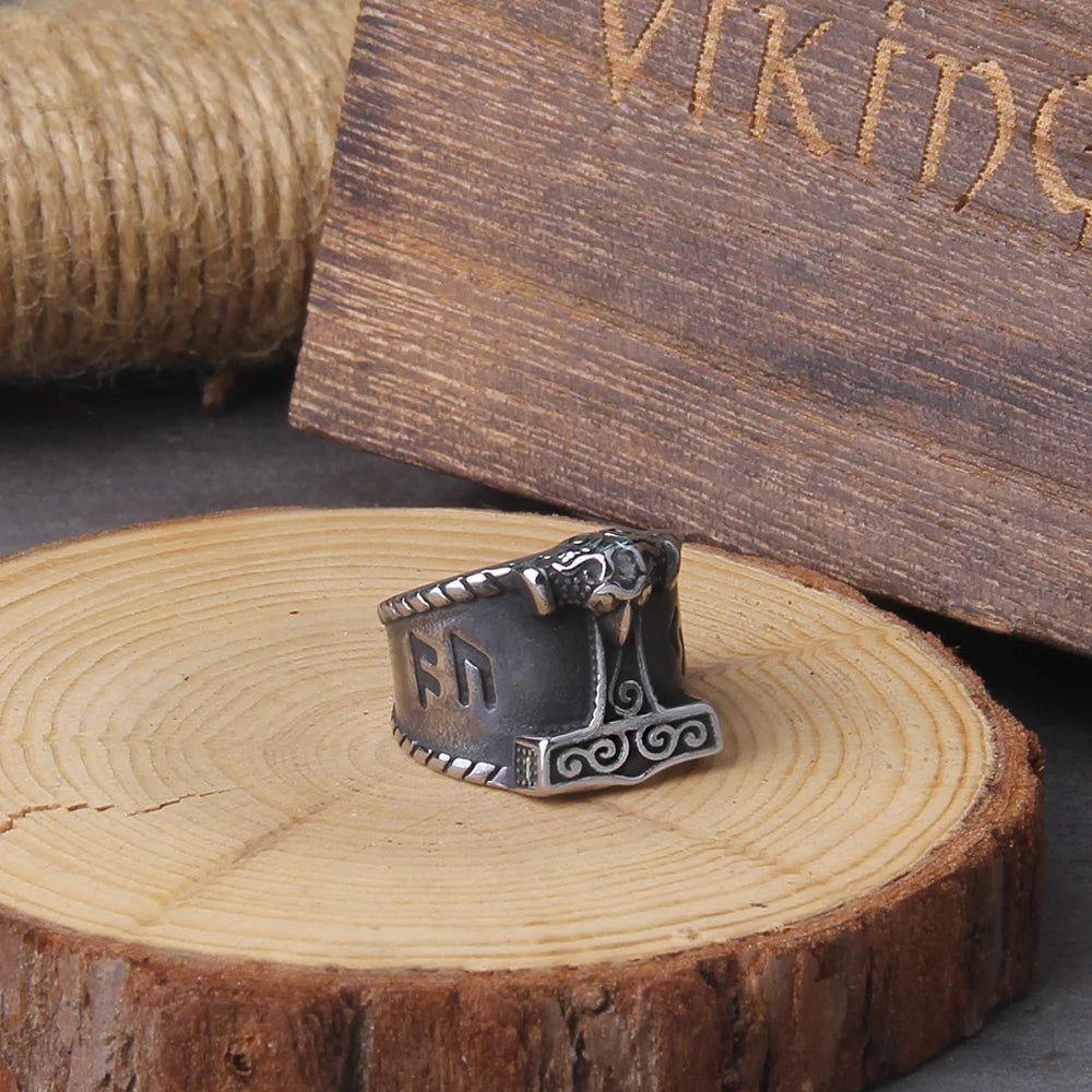 Nordic Stainless Steel Thor's Hammer Ring with Wooden Gift Box