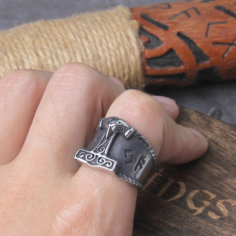 Nordic Stainless Steel Thor's Hammer Ring with Wooden Gift Box