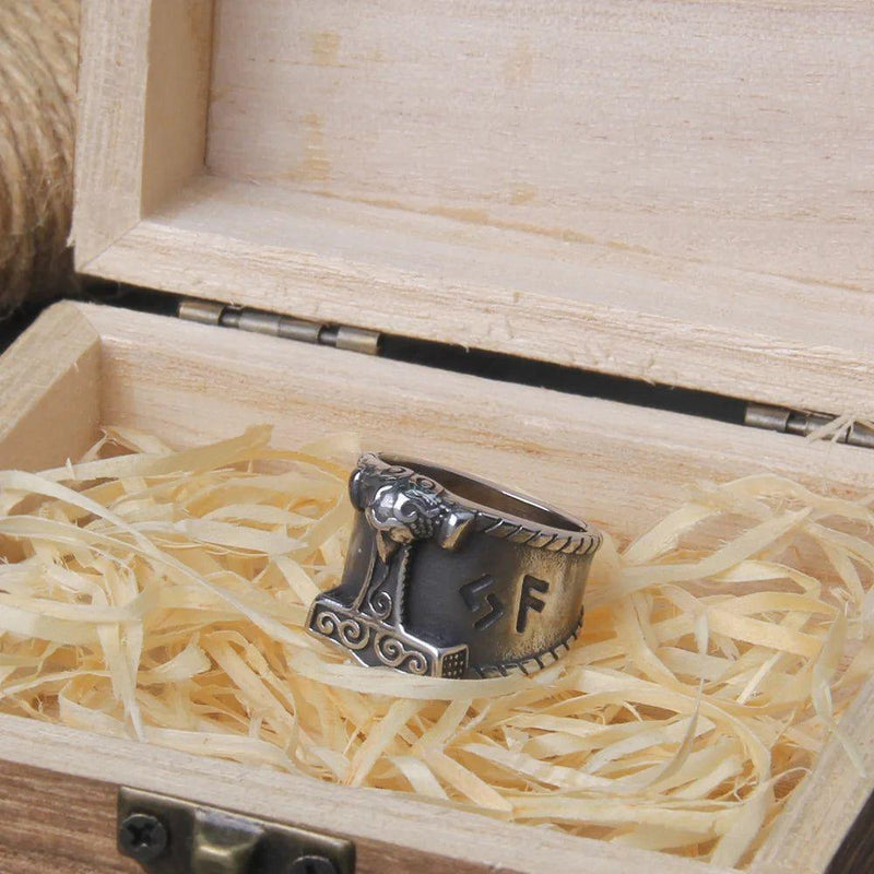 Nordic Stainless Steel Thor's Hammer Ring with Wooden Gift Box