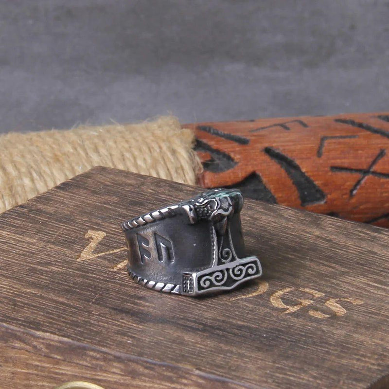 Nordic Stainless Steel Thor's Hammer Ring with Wooden Gift Box