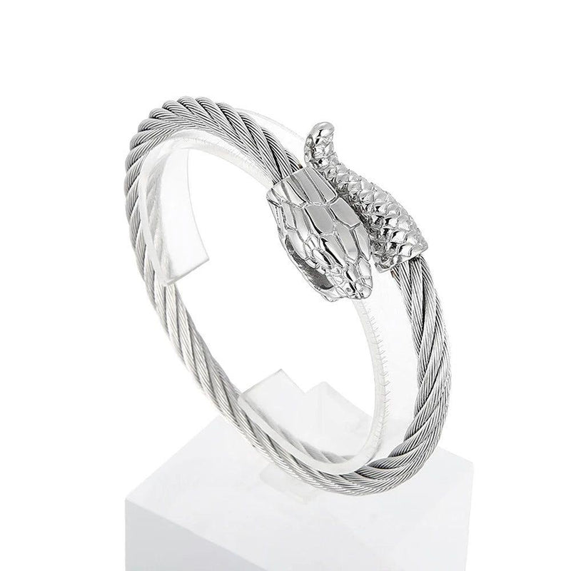 Nordic Viking-Inspired Stainless Steel Snake Head Bracelet for Men - Punk Rock Hip Hop Fashion Jewelry