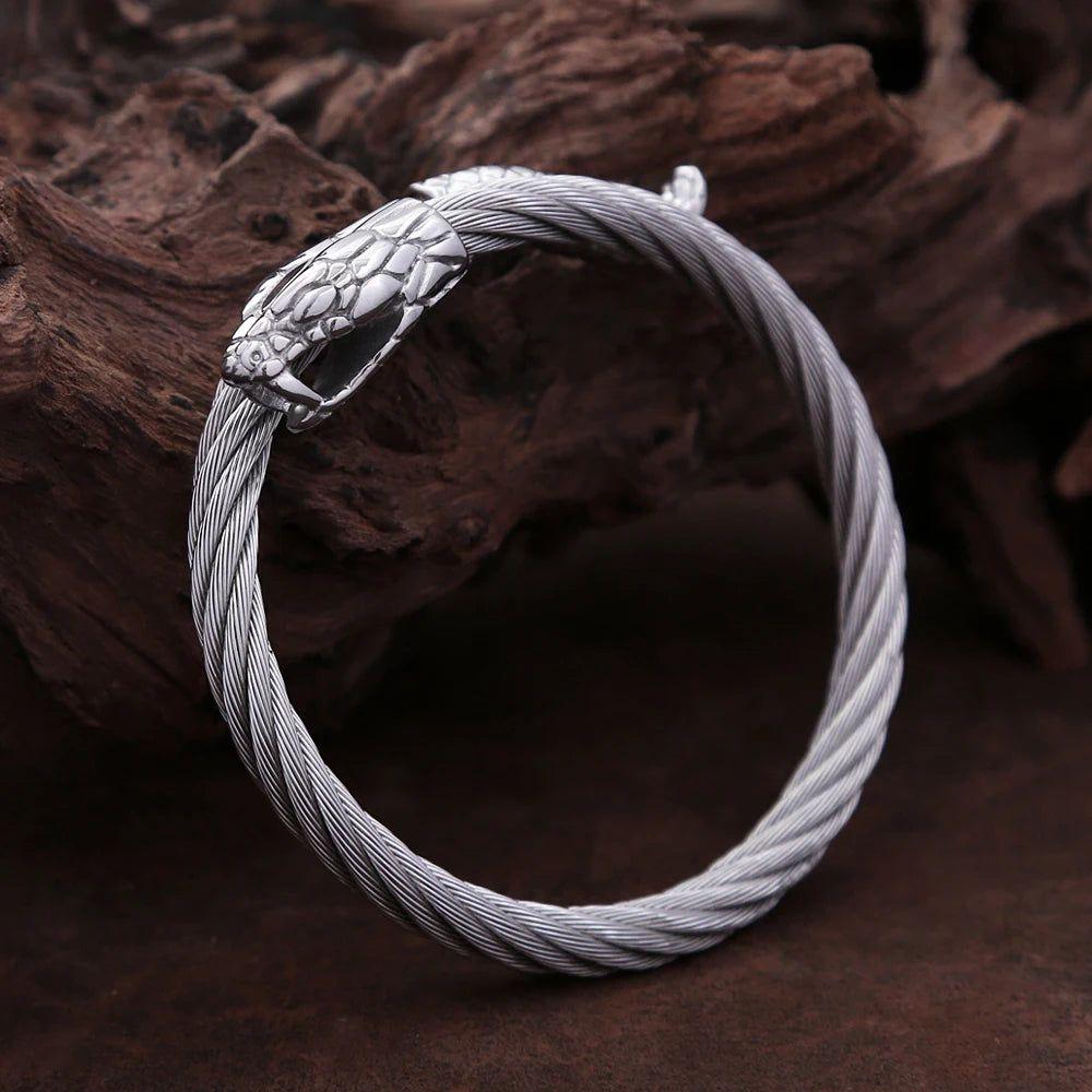 Nordic Viking-Inspired Stainless Steel Snake Head Bracelet for Men - Punk Rock Hip Hop Fashion Jewelry