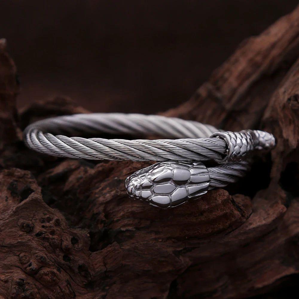 Nordic Viking-Inspired Stainless Steel Snake Head Bracelet for Men - Punk Rock Hip Hop Fashion Jewelry