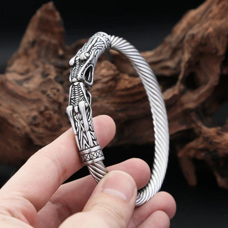 Norse Dragon Cuff Bracelet for Men - Vintage Viking Style 316L Stainless Steel Jewelry