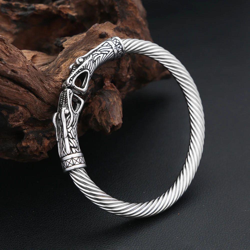 Norse Dragon Cuff Bracelet for Men - Vintage Viking Style 316L Stainless Steel Jewelry