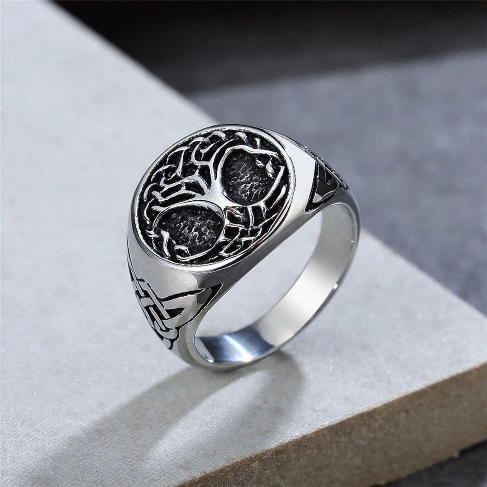 Norse Mythology Stainless Steel Tree of Life Ring for Men - Vintage Viking Biker Jewelry with Odin and Celtic Knot Designs