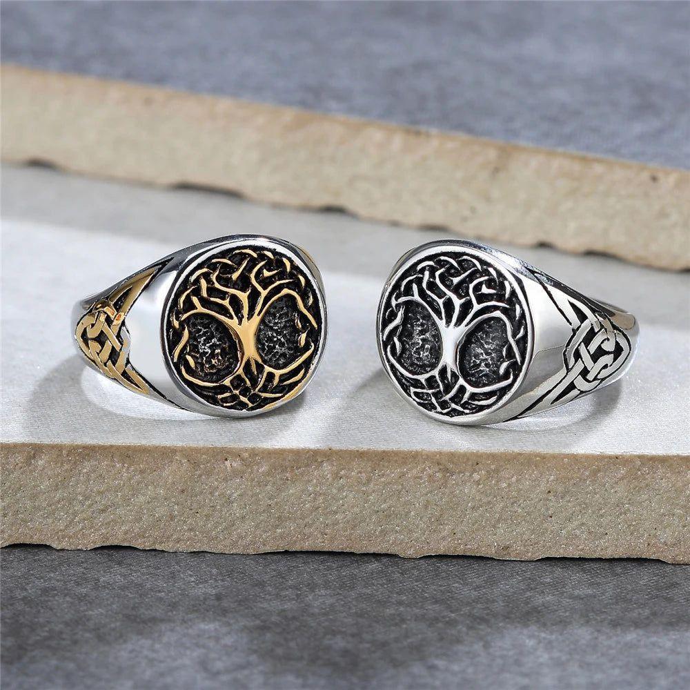 Norse Mythology Stainless Steel Tree of Life Ring for Men - Vintage Viking Biker Jewelry with Odin and Celtic Knot Designs