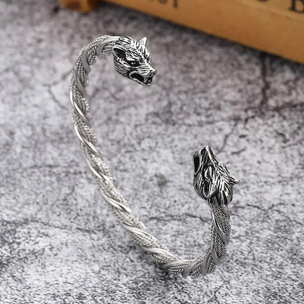 Norse Wolf Head Adjustable Cuff Bracelet - Fashionable Stainless Steel Wristband for Men