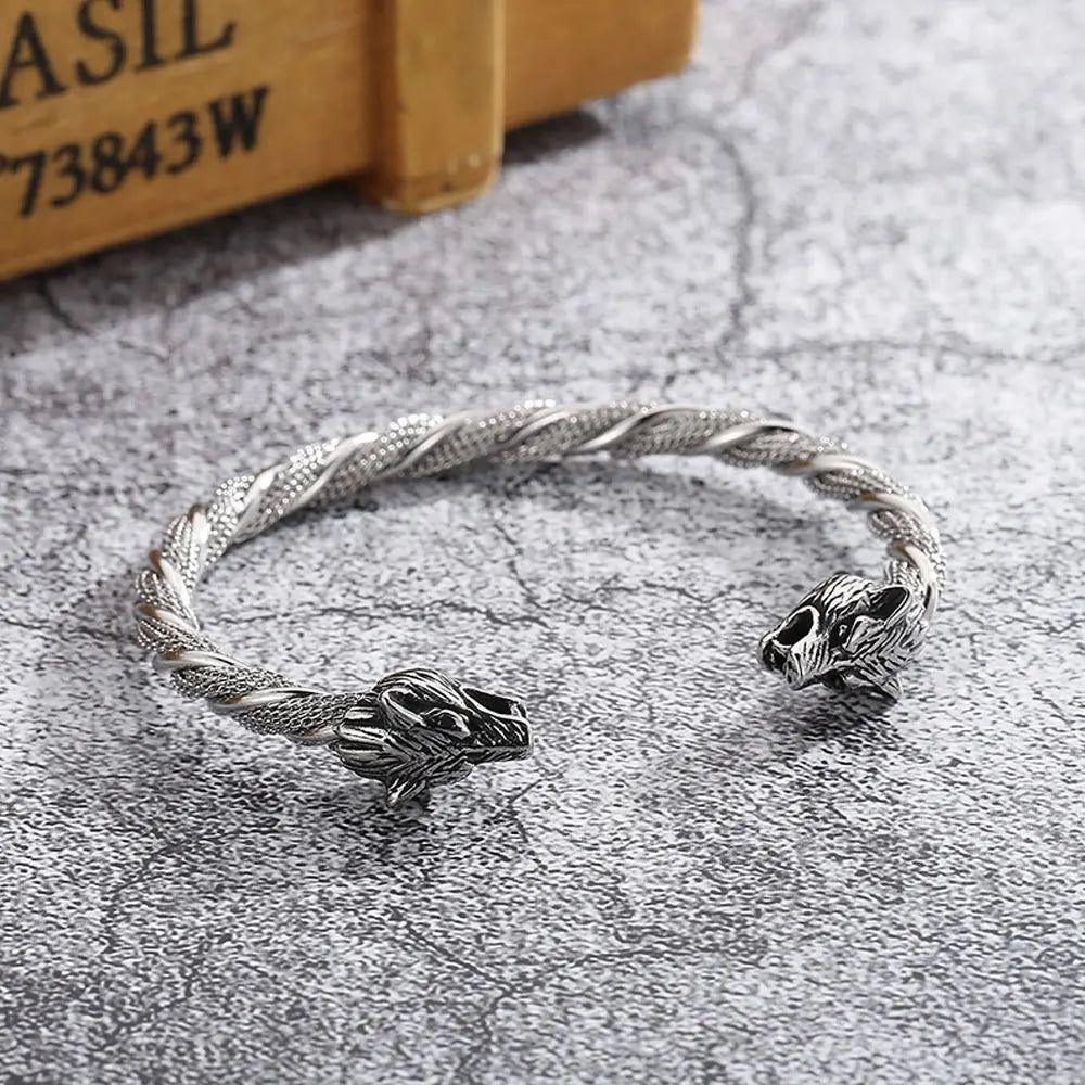 Norse Wolf Head Adjustable Cuff Bracelet - Fashionable Stainless Steel Wristband for Men