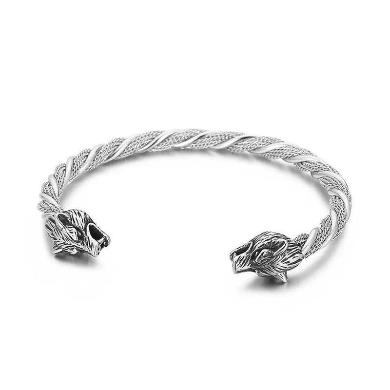 Norse Wolf Head Adjustable Cuff Bracelet - Fashionable Stainless Steel Wristband for Men