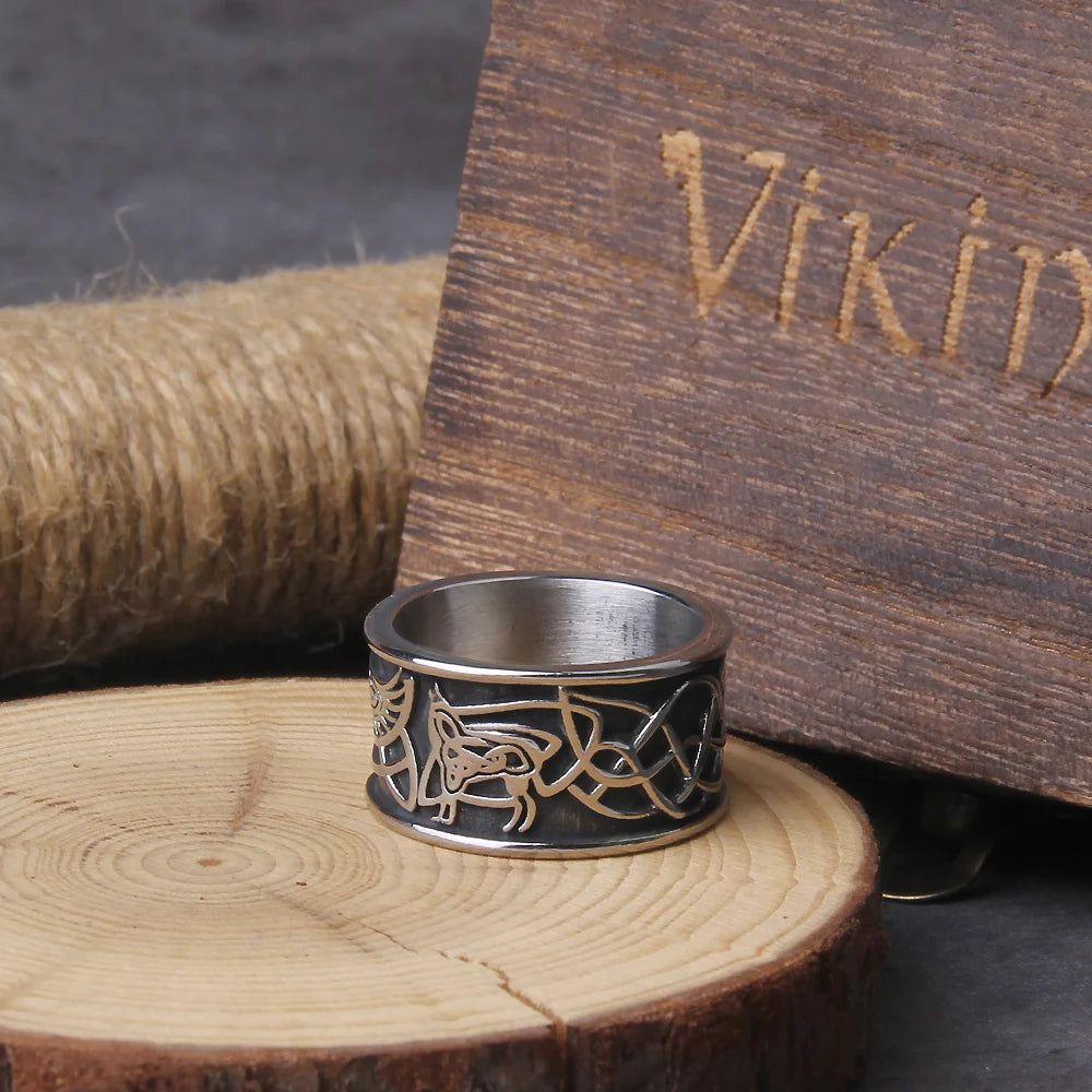 Norse Wolf Totem Stainless Steel Statement Rings for Men with Elegant Wooden Gift Box